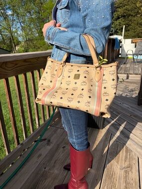 MCM Beige/Pale Pink Monogram Canvas Tote with Striped Trim